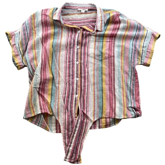 Beachlunchlounge Women's Linen Blend Blouse Medium Striped Multicolor Cropped - Picture 1 of 9